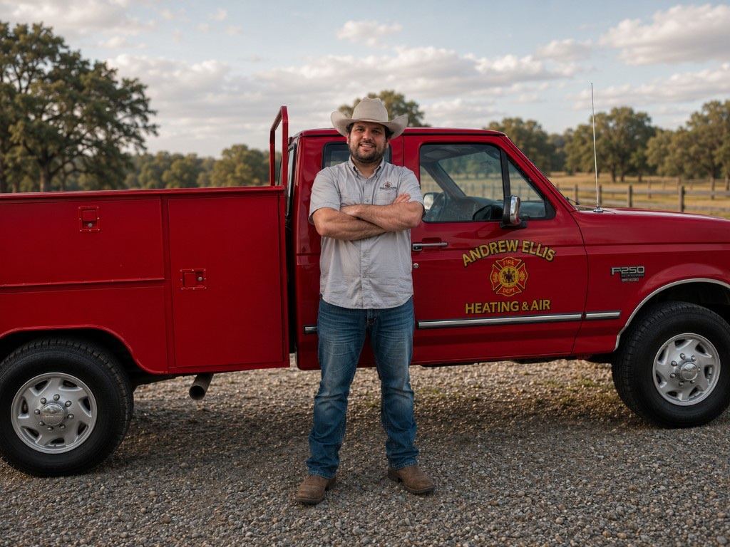 Owner of Andrew Ellis Heating & Air standing in front of the company's red service truck in Central Alabama