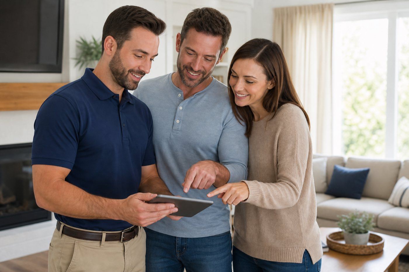 Andrew Ellis technician reviewing an upfront, flat-rate quote with homeowners
