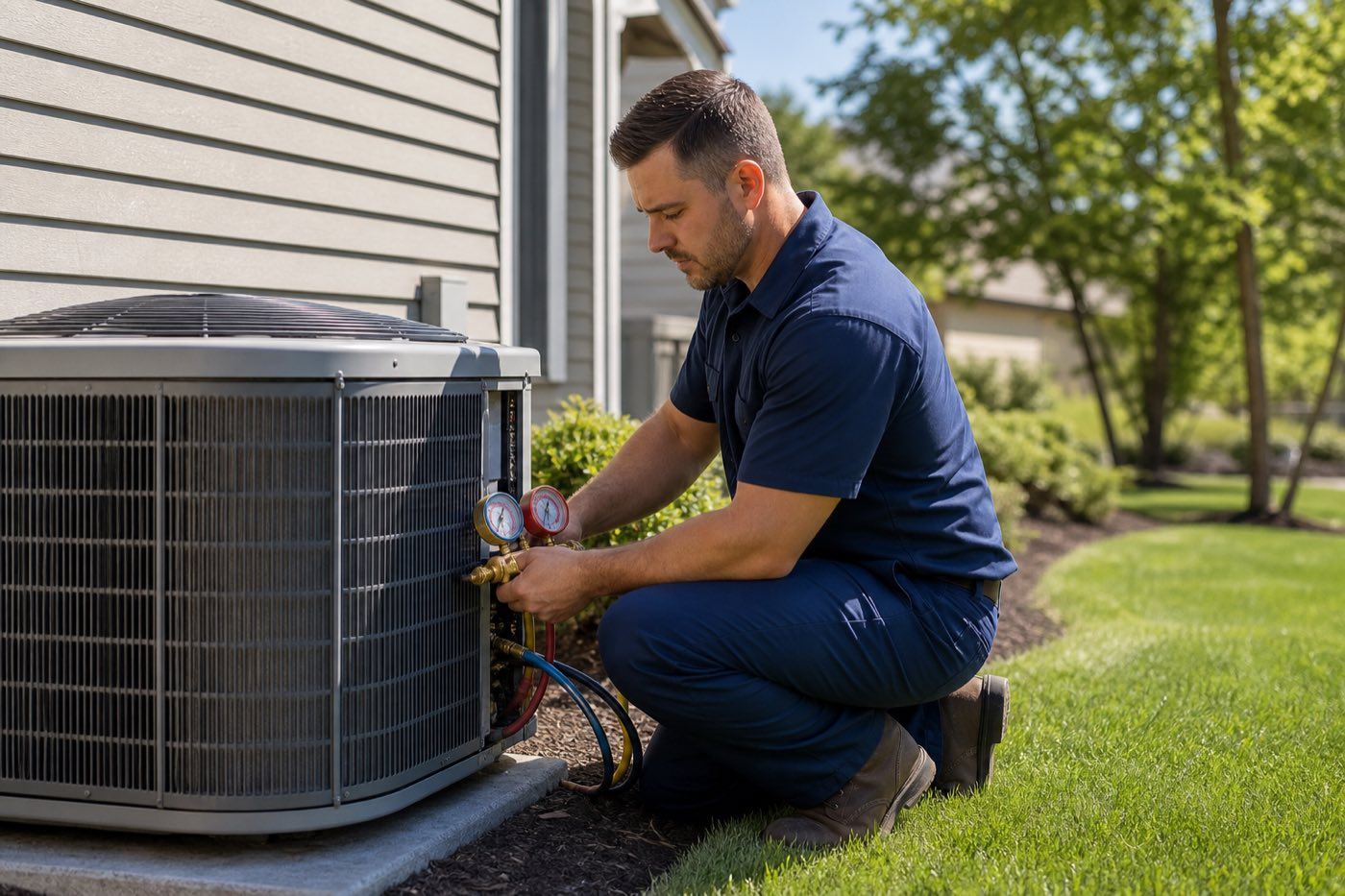 Andrew Ellis technician performing a seasonal maintenance tune-up on a home AC unit