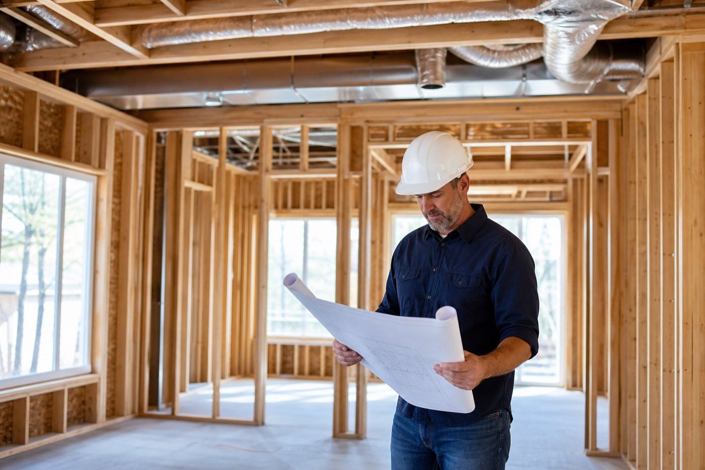 New-construction home framing with HVAC ductwork and a contractor reviewing mechanical plans